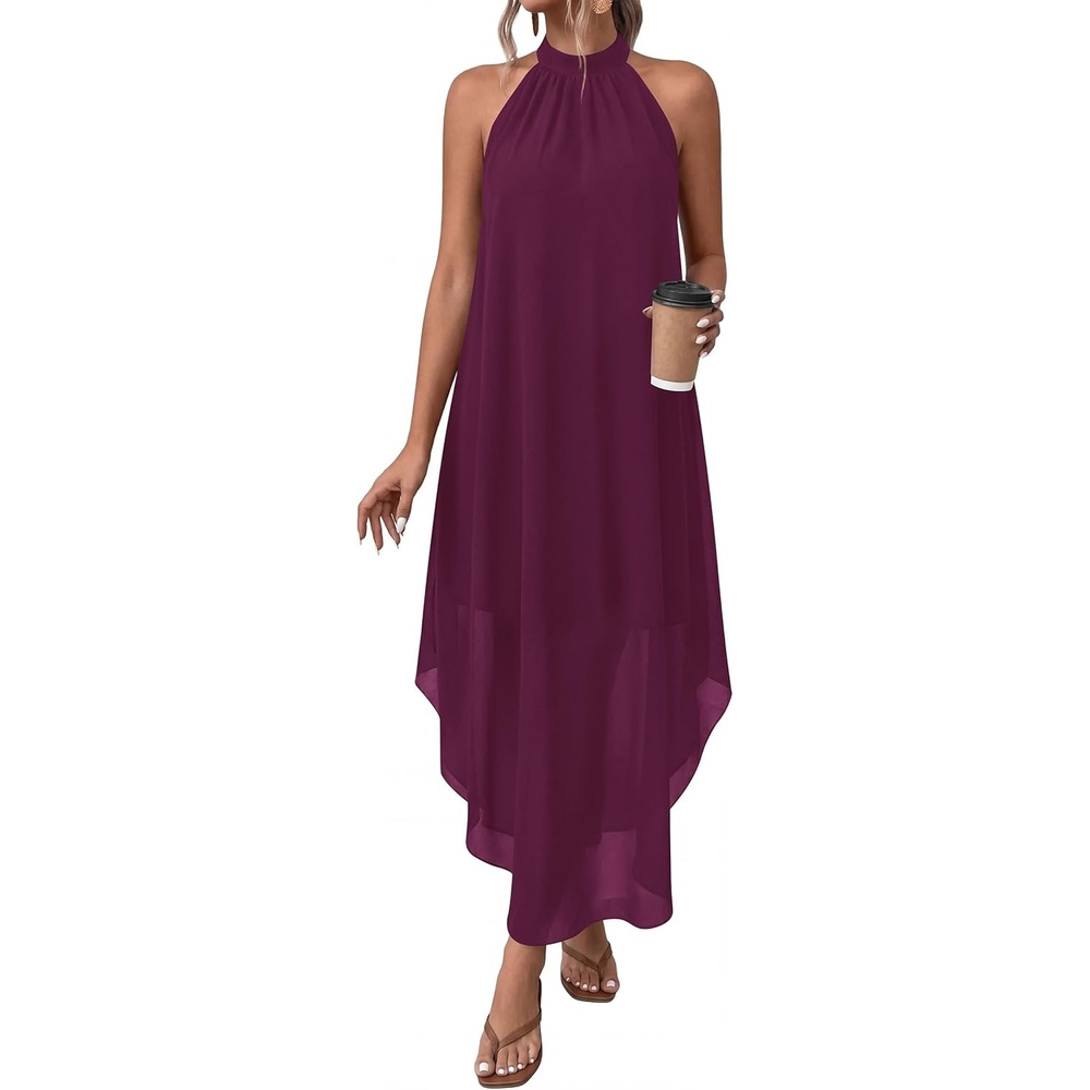 image:imagePRETTYGARDEN Womens Summer Wedding Guest Halter Maxi Dresses Long Flowy Asymmetrical Sundress Elegant Evening Dinner Party Dress Pockets Beach Vacation Outfits Spring Resort WearBurgundy