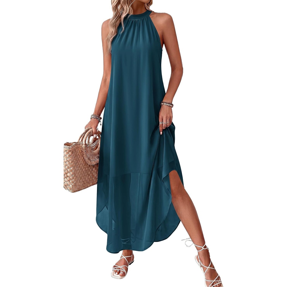 image:imagePRETTYGARDEN Womens Summer Wedding Guest Halter Maxi Dresses Long Flowy Asymmetrical Sundress Elegant Evening Dinner Party Dress Pockets Beach Vacation Outfits Spring Resort WearLake Blue