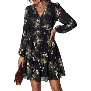 PRETTYGARDEN Women Floral Long Sleeve Mini Dress | Fall Wedding Guest Dresses, V Neck, Fit & Flare, Ruffle Hem A-Line, Short Chiffon Dress, Elegant Holiday Party, Date Outfits(Black Yellow Floral)