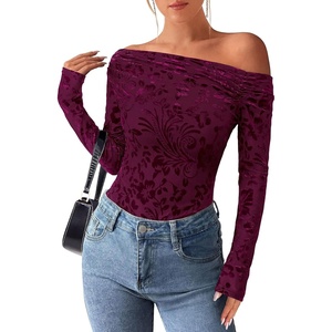 PRETTYGARDEN Women Trendy Off the Shoulder Floral Tops | Lightweight Stretchy Mesh Blouse, Flocked Print, Long Sleeve Slim Fit Shirts, Fall Spring Outfits for Date Night, Going Out(Burgundy)