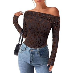 PRETTYGARDEN Women Trendy Off the Shoulder Floral Tops | Lightweight Stretchy Mesh Blouse, Flocked Print, Long Sleeve Slim Fit Shirts, Fall Spring Outfits for Date Night, Going Out(Brown)