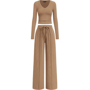 PRETTYGARDEN Women’s 2 Piece Lounge Sets Matching Clothing | V Neck Long Sleeve Tops, Wide Leg Pants Pockets, Airport Travel Outfits, Soft Ribbed Knit, Drawstring Waist, Fall Resort Wear(Camel)