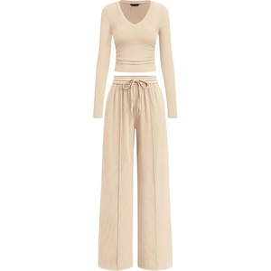 PRETTYGARDEN Women’s 2 Piece Lounge Sets Matching Clothing | V Neck Long Sleeve Tops, Wide Leg Pants Pockets, Airport Travel Outfits, Soft Ribbed Knit, Drawstring Waist, Fall Resort Wear(Beige)