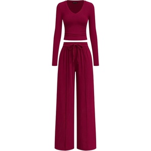 PRETTYGARDEN Women’s 2 Piece Lounge Sets Matching Clothing | V Neck Long Sleeve Tops, Wide Leg Pants Pockets, Airport Travel Outfits, Soft Ribbed Knit, Drawstring Waist, Fall Resort Wear(Burgundy)