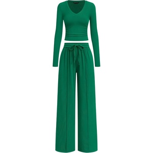 PRETTYGARDEN Women’s 2 Piece Lounge Sets Matching Clothing | V Neck Long Sleeve Tops, Wide Leg Pants Pockets, Airport Travel Outfits, Soft Ribbed Knit, Drawstring Waist, Fall Resort Wear(Green)