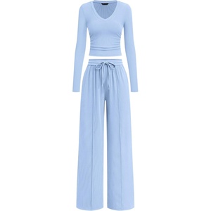 PRETTYGARDEN Women’s 2 Piece Lounge Sets Matching Clothing | V Neck Long Sleeve Tops, Wide Leg Pants Pockets, Airport Travel Outfits, Soft Ribbed Knit, Drawstring Waist, Fall Resort Wear(Light Blue)