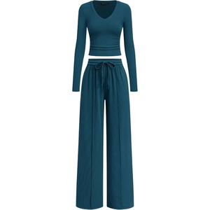 PRETTYGARDEN Women’s 2 Piece Lounge Sets Matching Clothing | V Neck Long Sleeve Tops, Wide Leg Pants Pockets, Airport Travel Outfits, Soft Ribbed Knit, Drawstring Waist, Fall Resort Wear(Lake Blue)