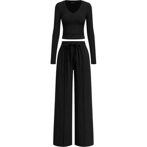 PRETTYGARDEN Women’s 2 Piece Lounge Sets Matching Clothing | V Neck Long Sleeve Tops, Wide Leg Pants Pockets, Airport Travel Outfits, Soft Ribbed Knit, Drawstring Waist, Fall Resort Wear(Black)