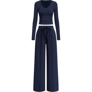PRETTYGARDEN Women’s 2 Piece Lounge Sets Matching Clothing | V Neck Long Sleeve Tops, Wide Leg Pants Pockets, Airport Travel Outfits, Soft Ribbed Knit, Drawstring Waist, Fall Resort Wear(Navy Blue)