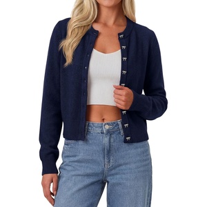 PRETTYGARDEN Womens Cropped Button Up Knit Cardigan Sweater | Cute Crewneck Long Sleeve Lightweight Tops, 2026 Fall Trendy Slim Fit Soft Cozy Casual Cardigans, Holiday Party Sweaters(Navy Blue)