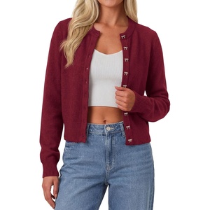 PRETTYGARDEN Womens Cropped Button Up Knit Cardigan Sweater | Cute Crewneck Long Sleeve Lightweight Tops, 2026 Fall Trendy Slim Fit Soft Cozy Casual Cardigans, Holiday Party Sweaters(Burgundy)