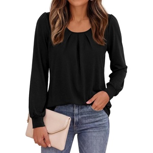 PRETTYGARDEN Womens Long Puff Sleeve Tops Crew Neck Blouse | Pleated Front, Loose Fit Soft, Business Casual Work Shirts, Dressy Daily Wear, School Travel Outfits, Fall Winter Clothing(Black)