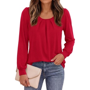 PRETTYGARDEN Womens Long Puff Sleeve Tops Crew Neck Blouse | Pleated Front, Loose Fit Soft, Business Casual Work Shirts, Dressy Daily Wear, School Travel Outfits, Fall Winter Clothing(Red)