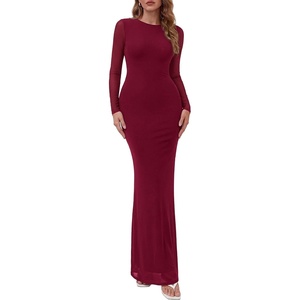 PRETTYGARDEN Women’s Mesh Long Sleeve Bodycon Maxi Dress | Fall Wedding Guest Dresses, Boat Neck, Slim Fitted, Elegant Evening Wear, Formal Cocktail Holiday Party, Date Night Outfits(Burgundy)