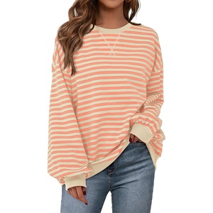 PRETTYGARDEN Womens Striped Oversized Sweatshirt Lightweight Fall Clothes | Stitching Crew Neck Sweatshirts Women, Long Sleeve Casual Loose Pullover Top, Color Block Y2K Outfits, Fashion Clothing(Apricot Orange)