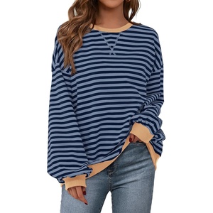 PRETTYGARDEN Womens Striped Oversized Sweatshirt Lightweight Fall Clothes | Stitching Crew Neck Sweatshirts Women, Long Sleeve Casual Loose Pullover Top, Color Block Y2K Outfits, Fashion Clothing(Blue Navy)