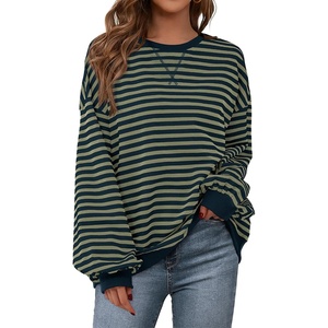 PRETTYGARDEN Womens Striped Oversized Sweatshirt Lightweight Fall Clothes | Stitching Crew Neck Sweatshirts Women, Long Sleeve Casual Loose Pullover Top, Color Block Y2K Outfits, Fashion Clothing(Grey Green Navy)