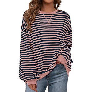 PRETTYGARDEN Womens Striped Oversized Sweatshirt Lightweight Fall Clothes | Stitching Crew Neck Sweatshirts Women, Long Sleeve Casual Loose Pullover Top, Color Block Y2K Outfits, Fashion Clothing(Pink Navy)