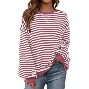 PRETTYGARDEN Womens Striped Oversized Sweatshirt Lightweight Fall Clothes | Stitching Crew Neck Sweatshirts Women, Long Sleeve Casual Loose Pullover Top, Color Block Y2K Outfits, Fashion Clothing(Bean Paste Red White)