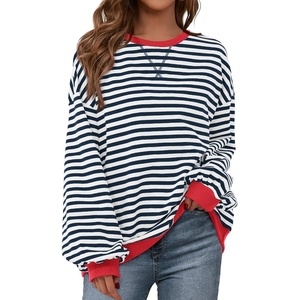 PRETTYGARDEN Womens Striped Oversized Sweatshirt Lightweight Fall Clothes | Stitching Crew Neck Sweatshirts Women, Long Sleeve Casual Loose Pullover Top, Color Block Y2K Outfits, Fashion Clothing(Navy White)