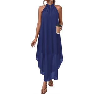PRETTYGARDEN Women’s Summer Wedding Guest Halter Maxi Dresses | Long Flowy Asymmetrical Sundress, Elegant Evening Dinner Party Dress, Pockets, Beach Vacation Outfits, Spring Resort Wear(Dark Blue)