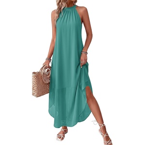 PRETTYGARDEN Women’s Summer Wedding Guest Halter Maxi Dresses | Long Flowy Asymmetrical Sundress, Elegant Evening Dinner Party Dress, Pockets, Beach Vacation Outfits, Spring Resort Wear(Cyan Blue)