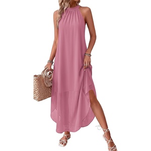 PRETTYGARDEN Women’s Summer Wedding Guest Halter Maxi Dresses | Long Flowy Asymmetrical Sundress, Elegant Evening Dinner Party Dress, Pockets, Beach Vacation Outfits, Spring Resort Wear(Pink)