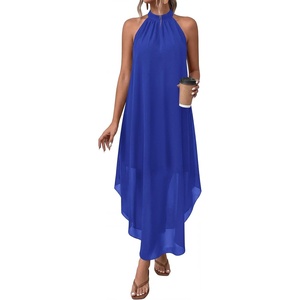 PRETTYGARDEN Women’s Summer Wedding Guest Halter Maxi Dresses | Long Flowy Asymmetrical Sundress, Elegant Evening Dinner Party Dress, Pockets, Beach Vacation Outfits, Spring Resort Wear(Blue)