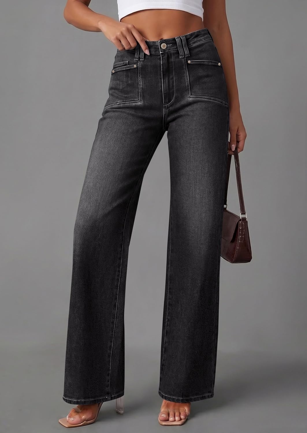 image:imagePRETTYGARDEN High Waisted Wide Leg Jeans for Women 2026 Trendy Classic Straight Baggy Fit Stretchy Denim Pants with Pockets Casual Daily Work Going Out All Season WearBlack
