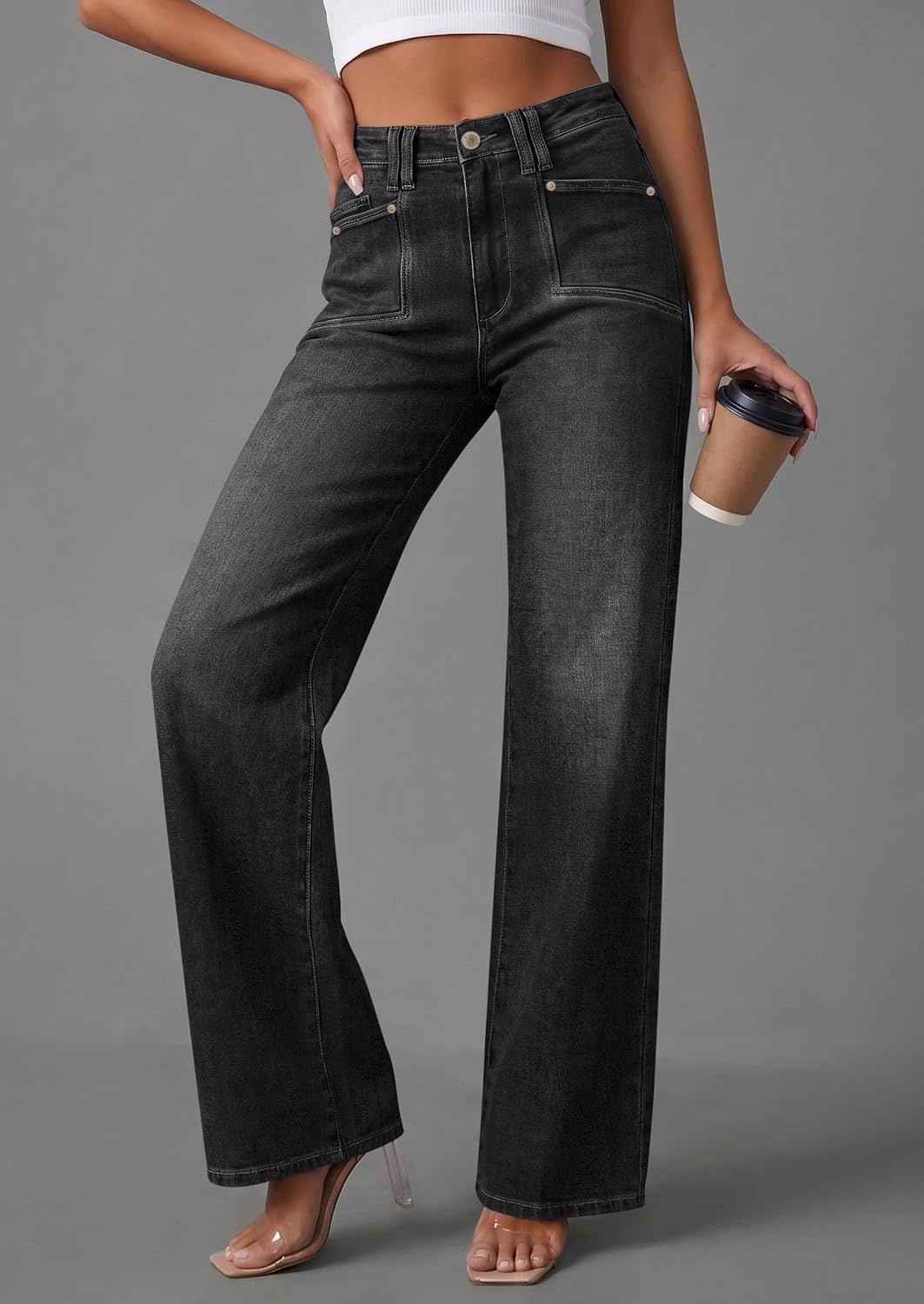 image:imagePRETTYGARDEN High Waisted Wide Leg Jeans for Women 2026 Trendy Classic Straight Baggy Fit Stretchy Denim Pants with Pockets Casual Daily Work Going Out All Season WearBlack