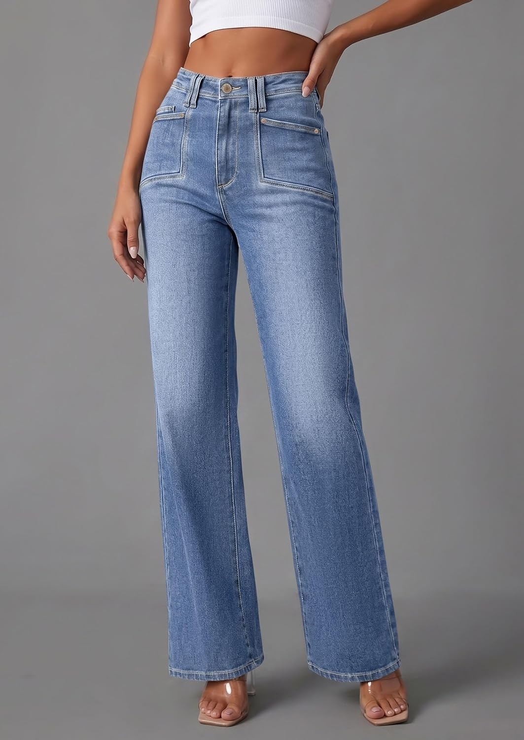image:imagePRETTYGARDEN High Waisted Wide Leg Jeans for Women 2026 Trendy Classic Straight Baggy Fit Stretchy Denim Pants with Pockets Casual Daily Work Going Out All Season WearDusk Blue