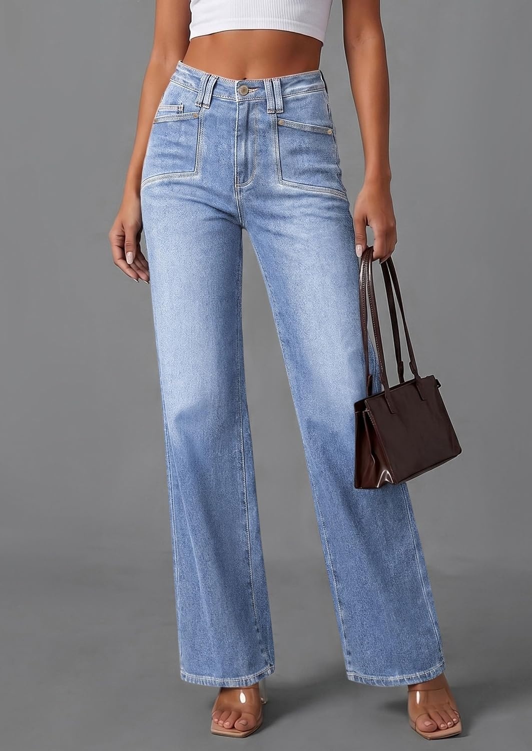 image:imagePRETTYGARDEN High Waisted Wide Leg Jeans for Women 2026 Trendy Classic Straight Baggy Fit Stretchy Denim Pants with Pockets Casual Daily Work Going Out All Season WearBeau Blue