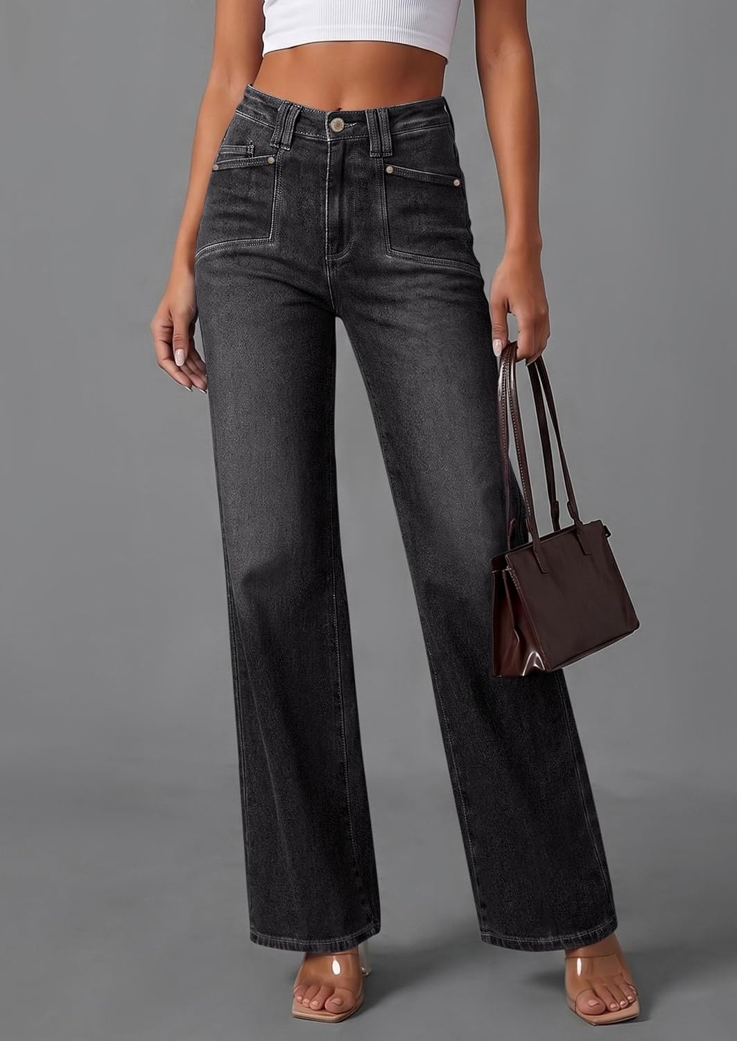 image:imagePRETTYGARDEN High Waisted Wide Leg Jeans for Women 2026 Trendy Classic Straight Baggy Fit Stretchy Denim Pants with Pockets Casual Daily Work Going Out All Season WearBlack