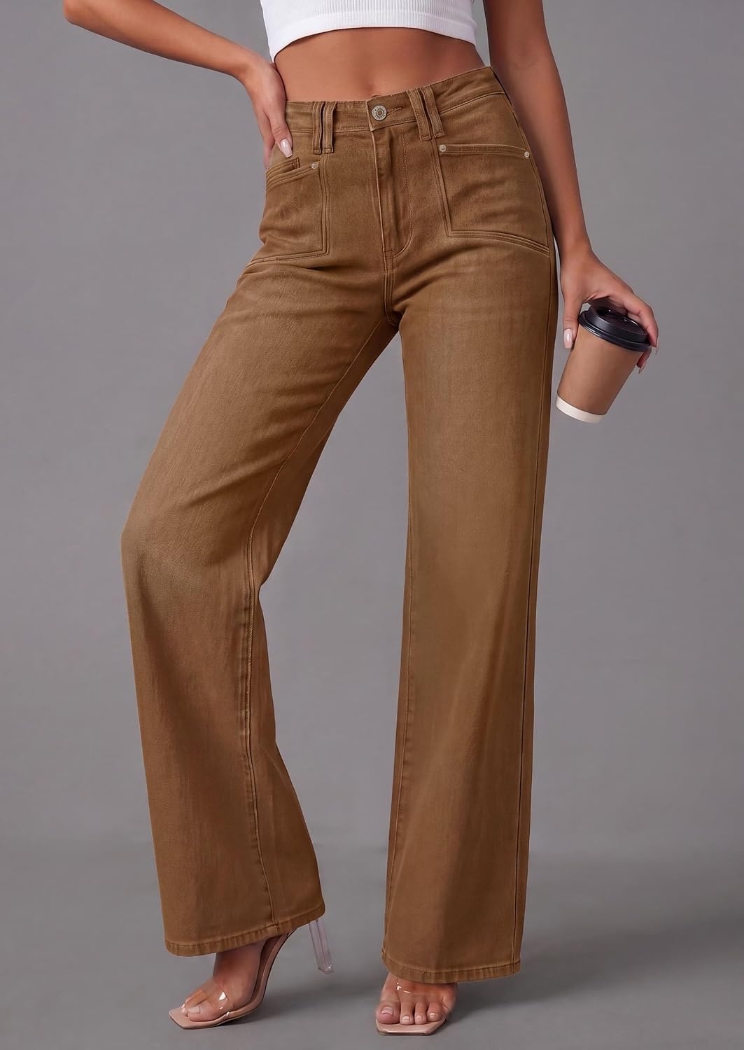 image:imagePRETTYGARDEN High Waisted Wide Leg Jeans for Women 2026 Trendy Classic Straight Baggy Fit Stretchy Denim Pants with Pockets Casual Daily Work Going Out All Season WearBrown
