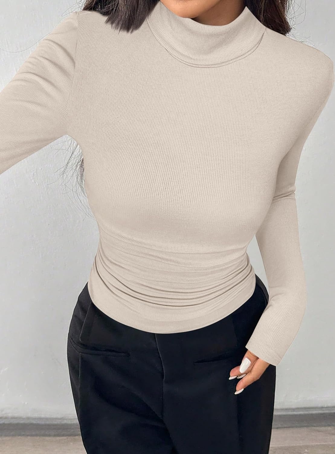 image:imagePRETTYGARDEN Turtleneck Tops for Women Long Sleeve Shirts Slim Fitted Underscrub Ribbed Knit Thermal Undershirts 2026 Fall Casual Going Out Outfits Base Layer Winter ClothesBeige