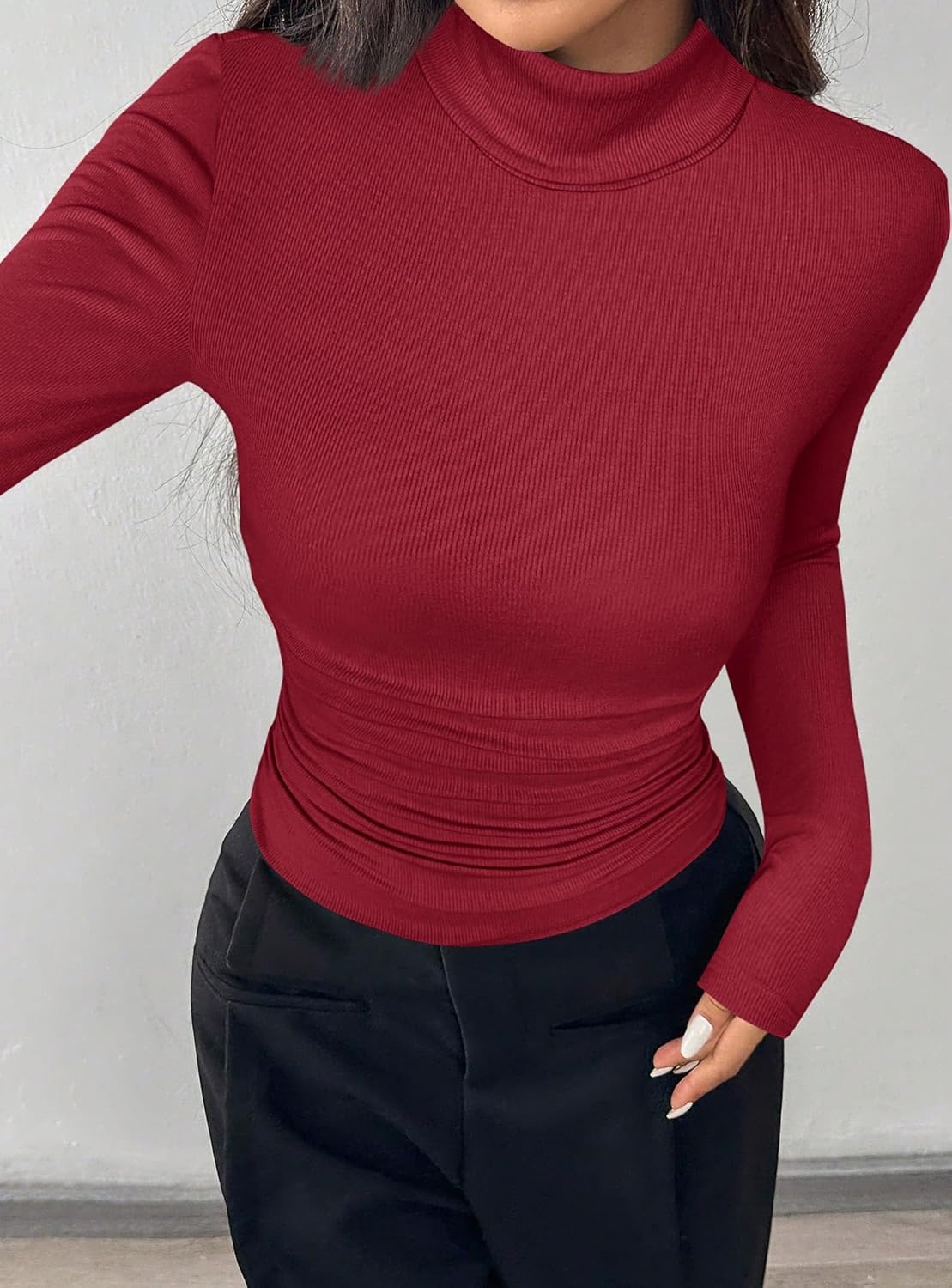 image:imagePRETTYGARDEN Turtleneck Tops for Women Long Sleeve Shirts Slim Fitted Underscrub Ribbed Knit Thermal Undershirts 2026 Fall Casual Going Out Outfits Base Layer Winter ClothesRed