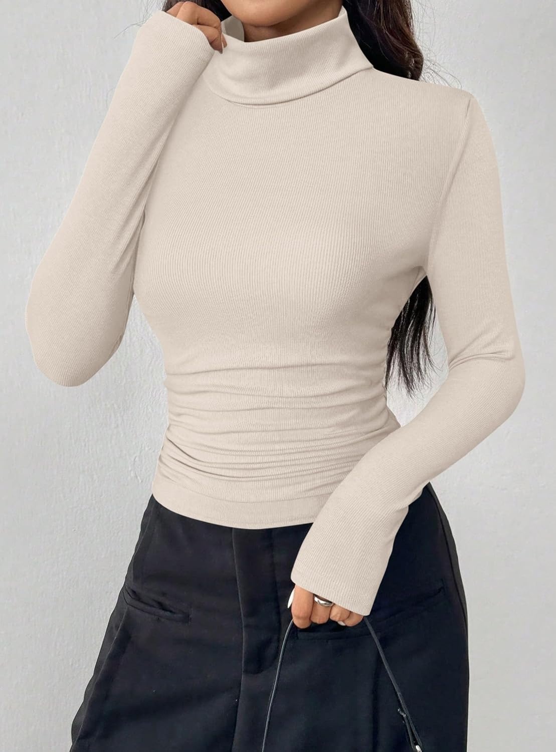 image:imagePRETTYGARDEN Turtleneck Tops for Women Long Sleeve Shirts Slim Fitted Underscrub Ribbed Knit Thermal Undershirts 2026 Fall Casual Going Out Outfits Base Layer Winter ClothesBeige