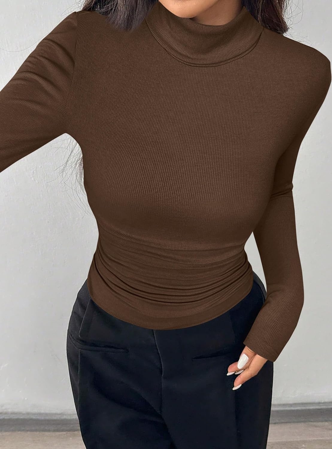 image:imagePRETTYGARDEN Turtleneck Tops for Women Long Sleeve Shirts Slim Fitted Underscrub Ribbed Knit Thermal Undershirts 2026 Fall Casual Going Out Outfits Base Layer Winter ClothesBrown