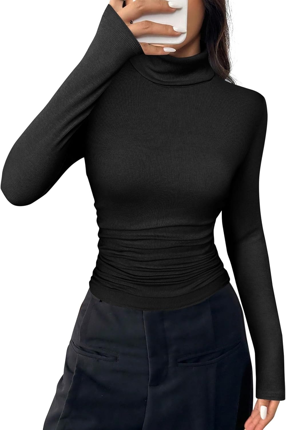 image:imagePRETTYGARDEN Turtleneck Tops for Women Long Sleeve Shirts Slim Fitted Underscrub Ribbed Knit Thermal Undershirts 2026 Fall Casual Going Out Outfits Base Layer Winter ClothesBlack