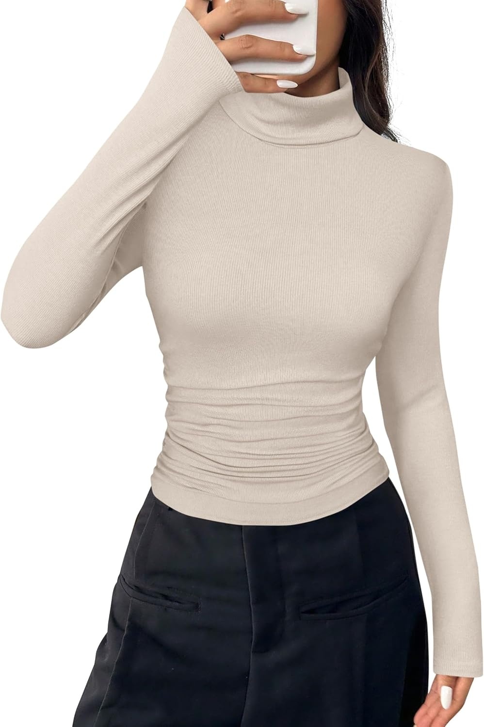 image:imagePRETTYGARDEN Turtleneck Tops for Women Long Sleeve Shirts Slim Fitted Underscrub Ribbed Knit Thermal Undershirts 2026 Fall Casual Going Out Outfits Base Layer Winter ClothesBeige