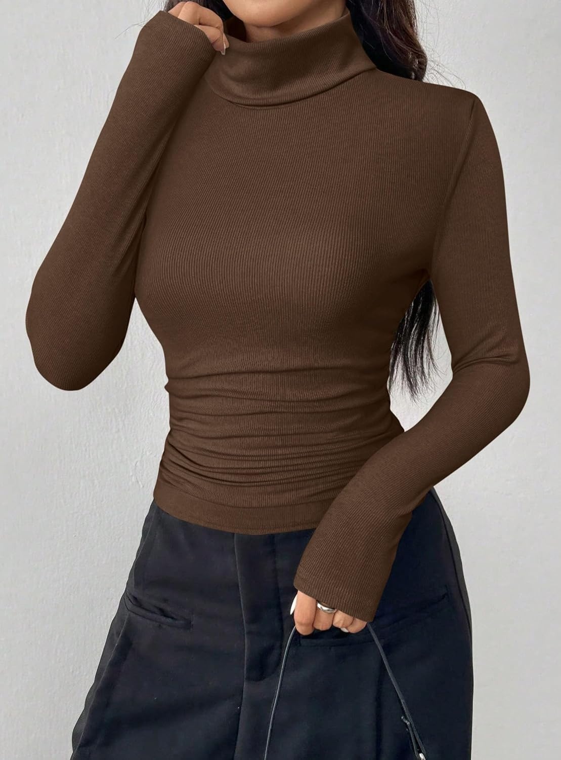 image:imagePRETTYGARDEN Turtleneck Tops for Women Long Sleeve Shirts Slim Fitted Underscrub Ribbed Knit Thermal Undershirts 2026 Fall Casual Going Out Outfits Base Layer Winter ClothesBrown