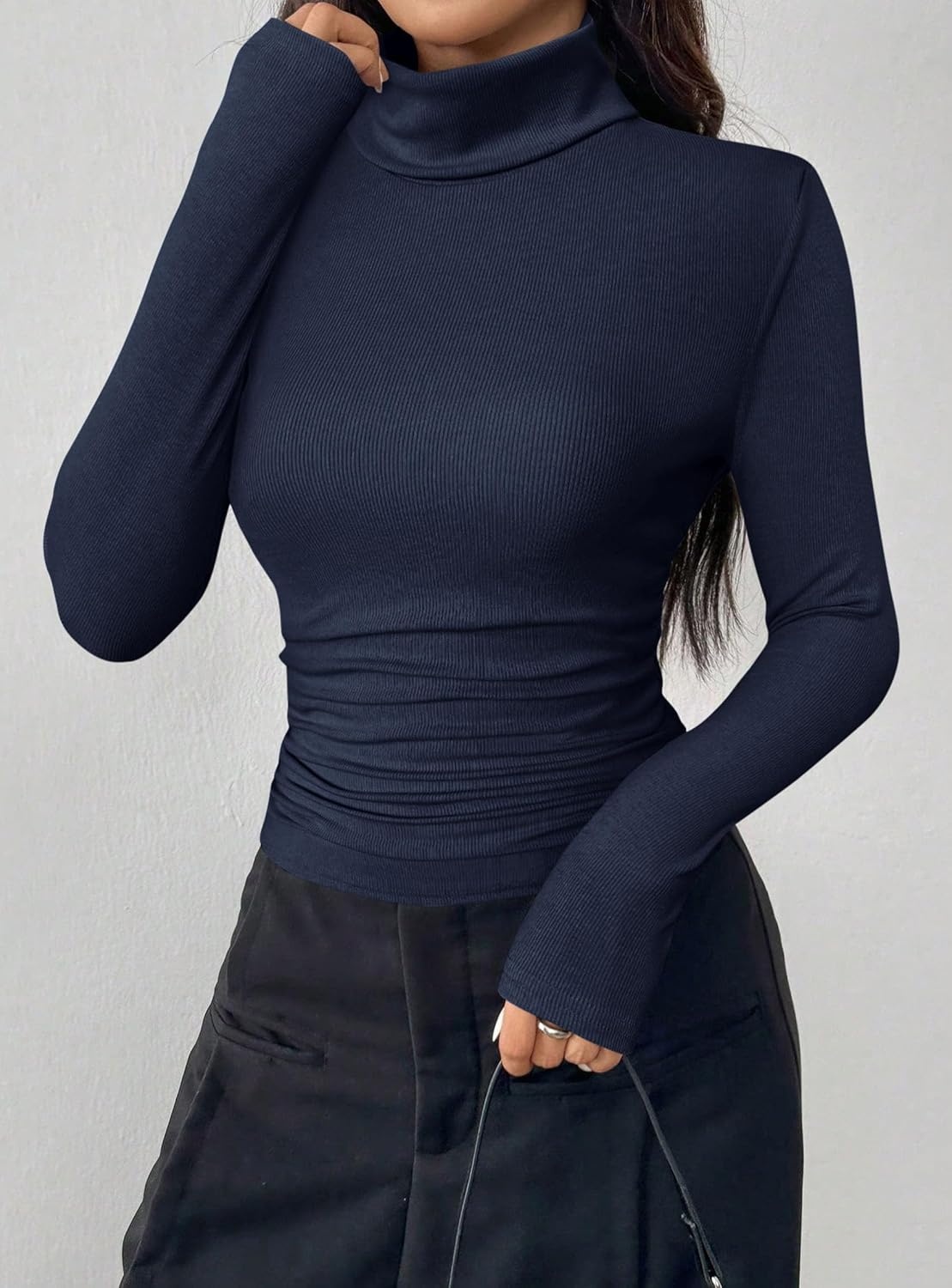 image:imagePRETTYGARDEN Turtleneck Tops for Women Long Sleeve Shirts Slim Fitted Underscrub Ribbed Knit Thermal Undershirts 2026 Fall Casual Going Out Outfits Base Layer Winter ClothesNavy