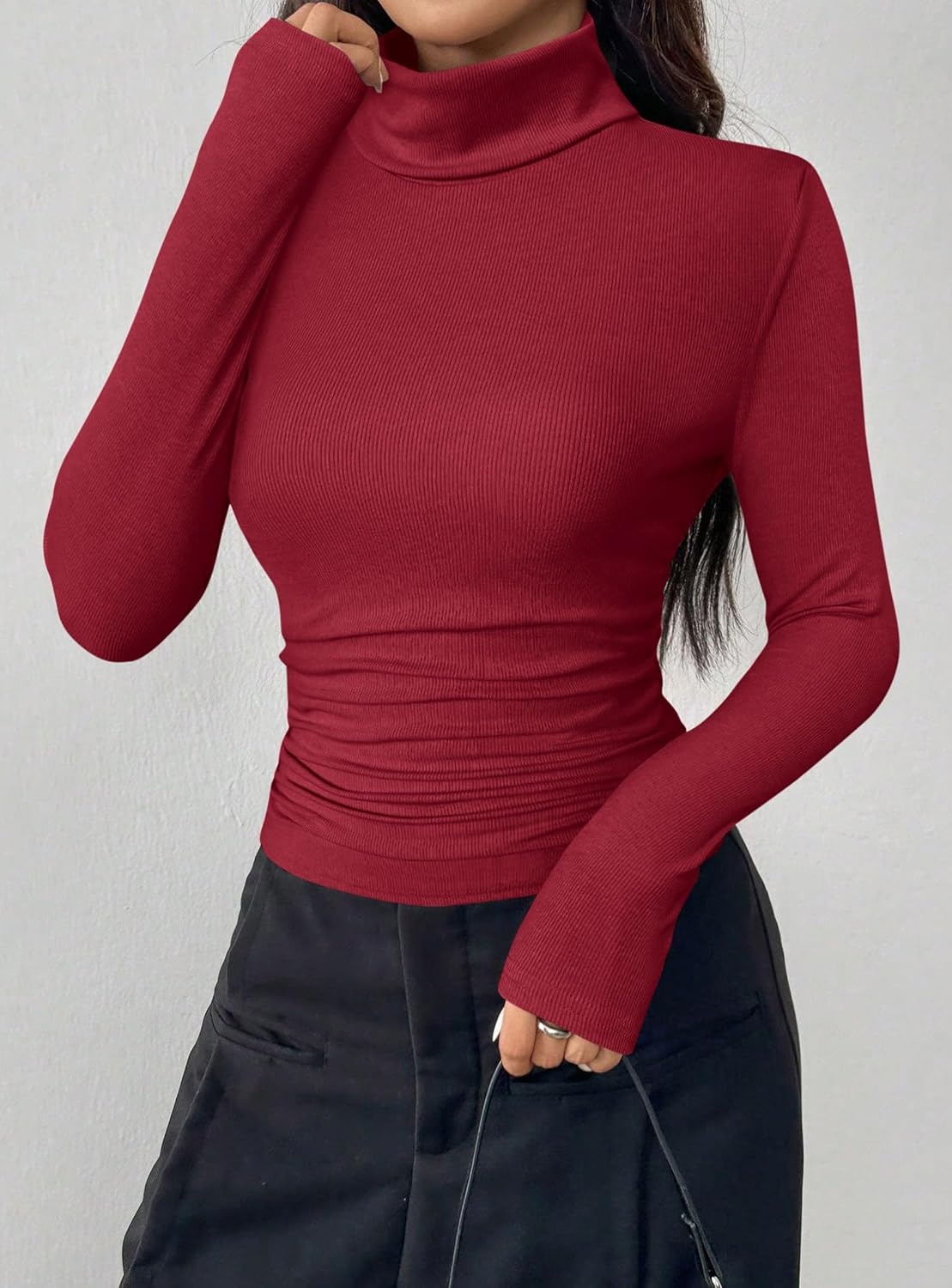 image:imagePRETTYGARDEN Turtleneck Tops for Women Long Sleeve Shirts Slim Fitted Underscrub Ribbed Knit Thermal Undershirts 2026 Fall Casual Going Out Outfits Base Layer Winter ClothesRed