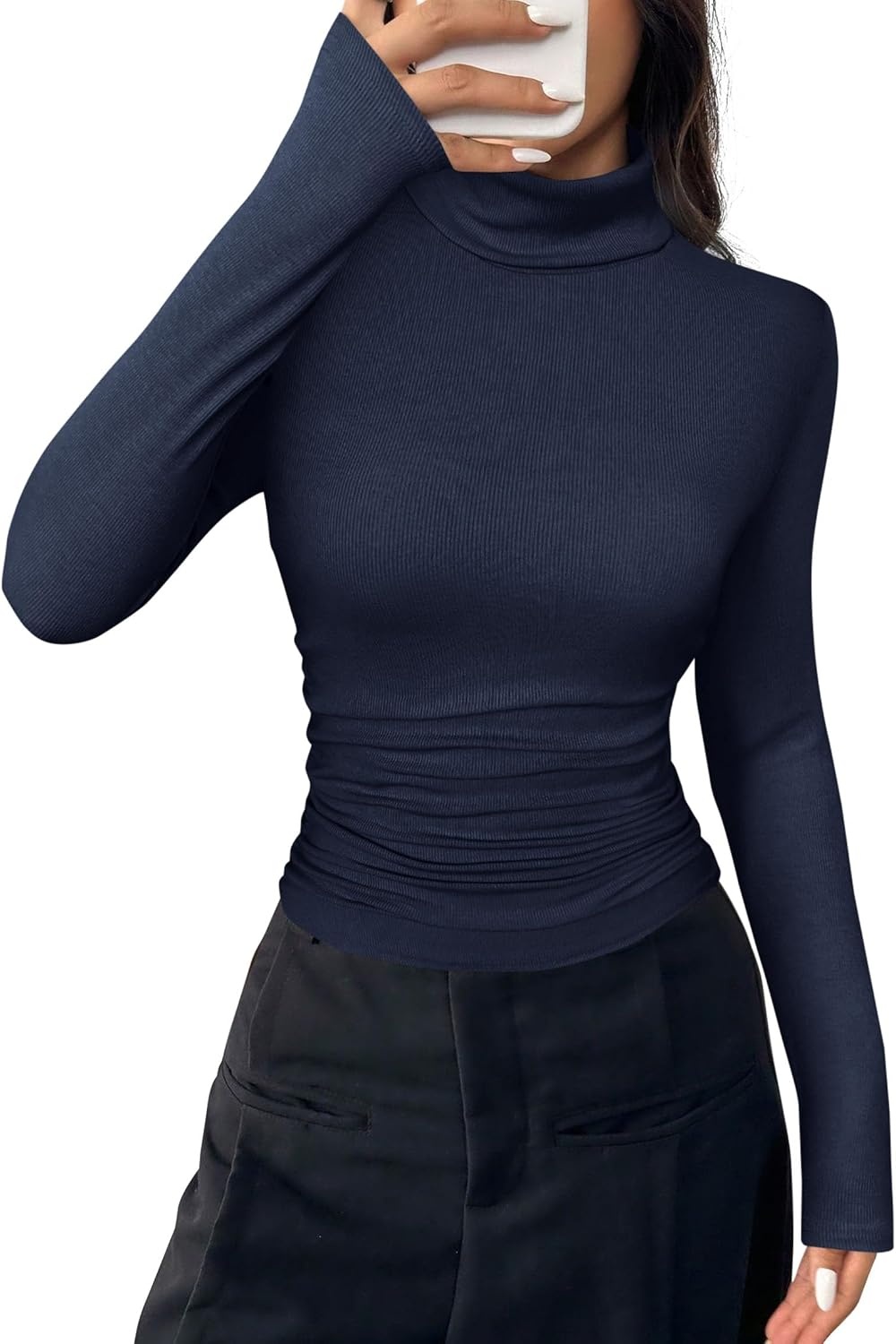 image:imagePRETTYGARDEN Turtleneck Tops for Women Long Sleeve Shirts Slim Fitted Underscrub Ribbed Knit Thermal Undershirts 2026 Fall Casual Going Out Outfits Base Layer Winter ClothesNavy