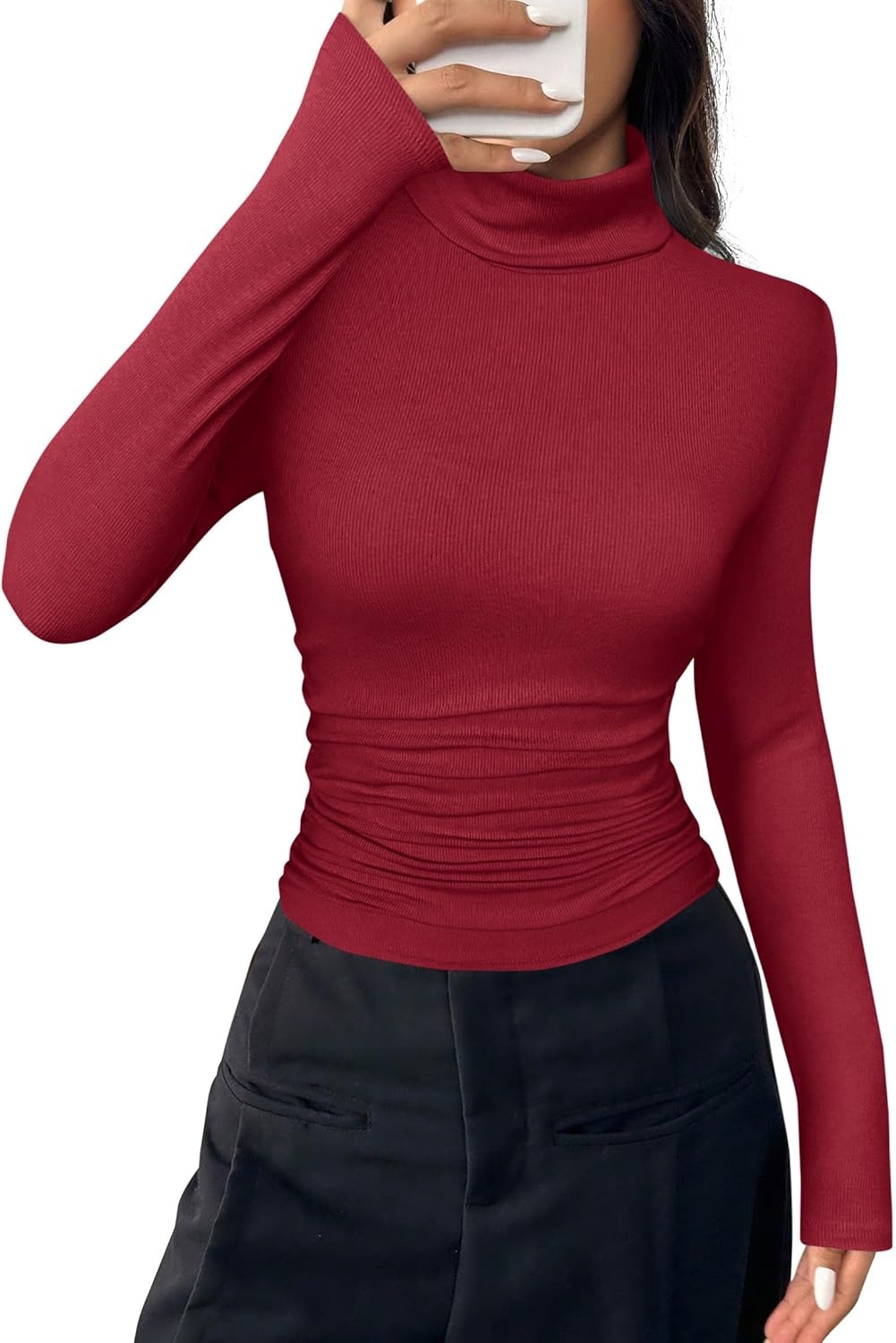 image:imagePRETTYGARDEN Turtleneck Tops for Women Long Sleeve Shirts Slim Fitted Underscrub Ribbed Knit Thermal Undershirts 2026 Fall Casual Going Out Outfits Base Layer Winter ClothesRed