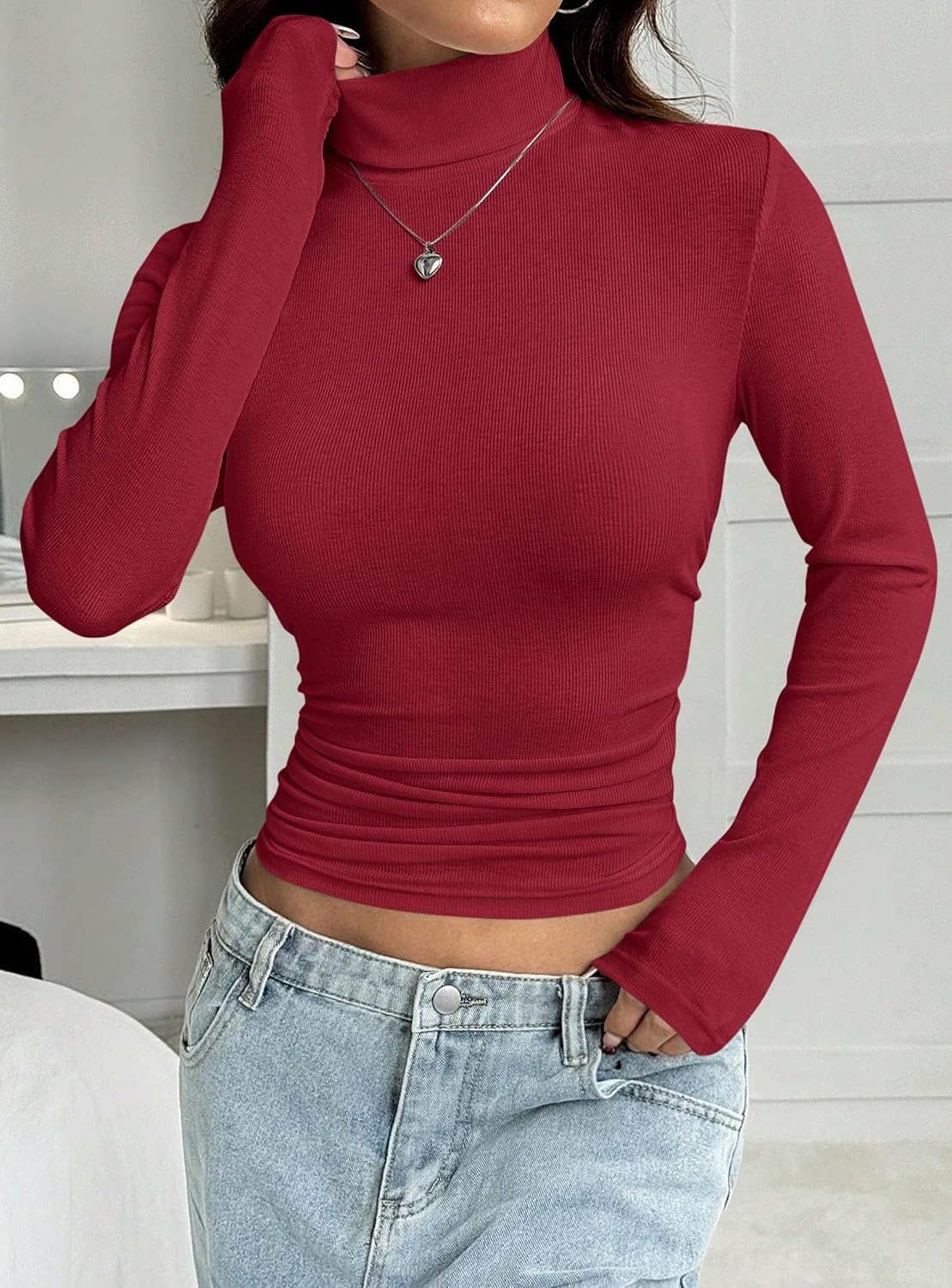image:imagePRETTYGARDEN Turtleneck Tops for Women Long Sleeve Shirts Slim Fitted Underscrub Ribbed Knit Thermal Undershirts 2026 Fall Casual Going Out Outfits Base Layer Winter ClothesRed