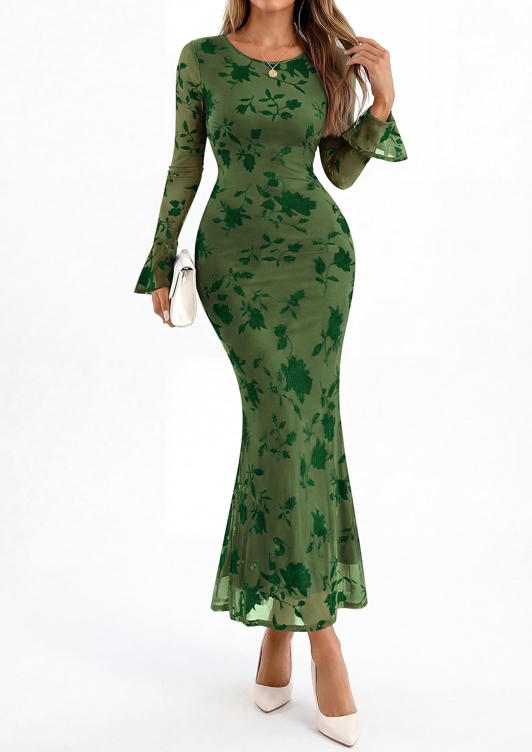 image:imagePRETTYGARDEN Womens Floral Maxi Fall Wedding Guest Dress Lightweight Stretchy Mesh Long Bell Sleeves Bodycon Mermaid Fit Elegant Dresses for Cocktail Holiday Party Formal EventsGreen