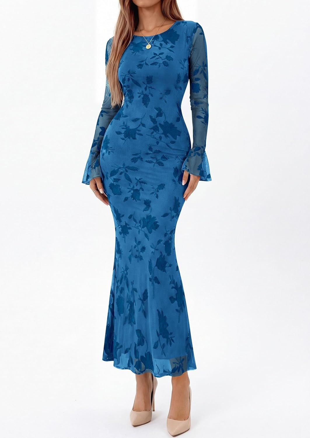 image:imagePRETTYGARDEN Womens Floral Maxi Fall Wedding Guest Dress Lightweight Stretchy Mesh Long Bell Sleeves Bodycon Mermaid Fit Elegant Dresses for Cocktail Holiday Party Formal EventsBlue