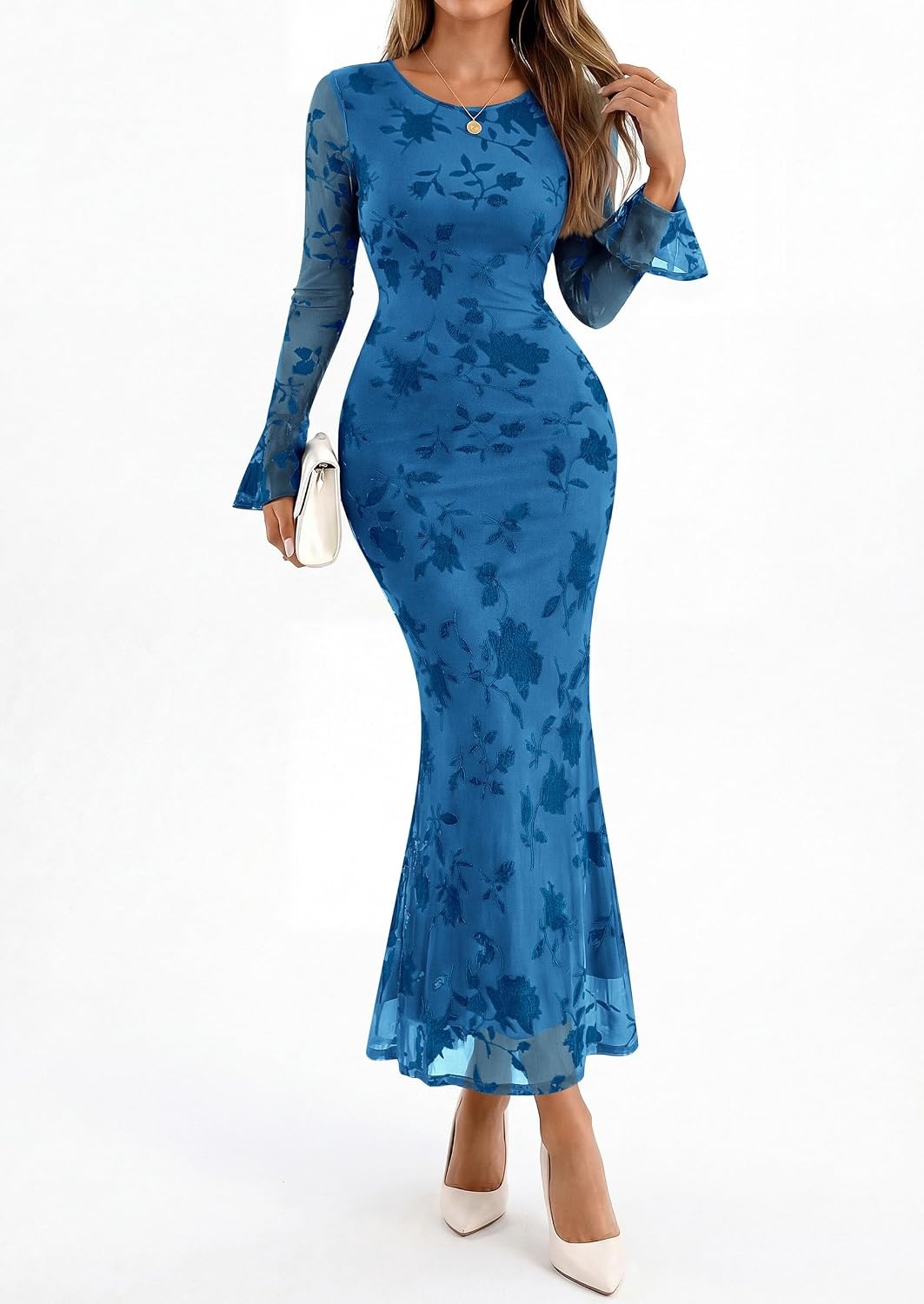 image:imagePRETTYGARDEN Womens Floral Maxi Fall Wedding Guest Dress Lightweight Stretchy Mesh Long Bell Sleeves Bodycon Mermaid Fit Elegant Dresses for Cocktail Holiday Party Formal EventsBlue
