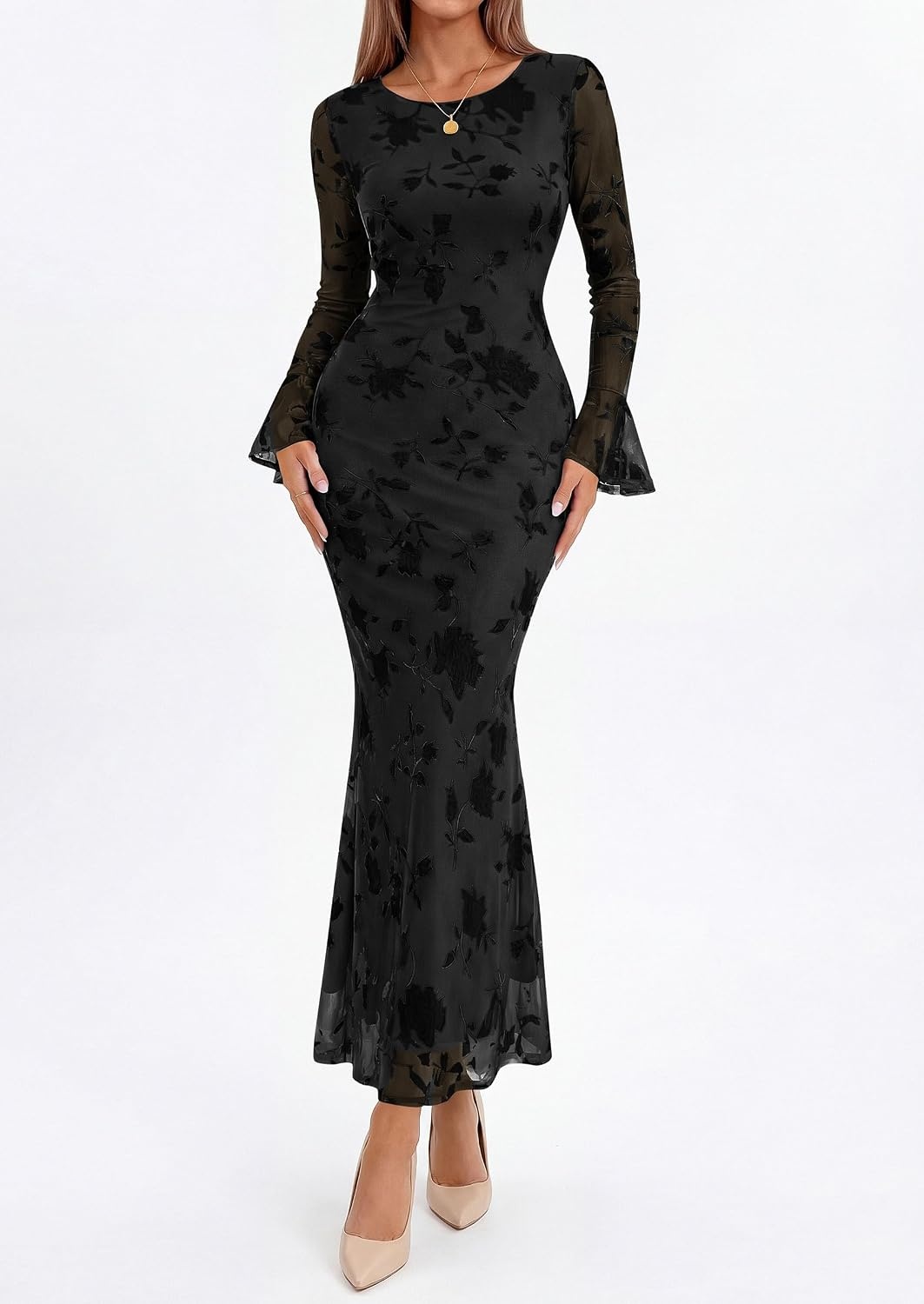 image:imagePRETTYGARDEN Womens Floral Maxi Fall Wedding Guest Dress Lightweight Stretchy Mesh Long Bell Sleeves Bodycon Mermaid Fit Elegant Dresses for Cocktail Holiday Party Formal EventsBlack